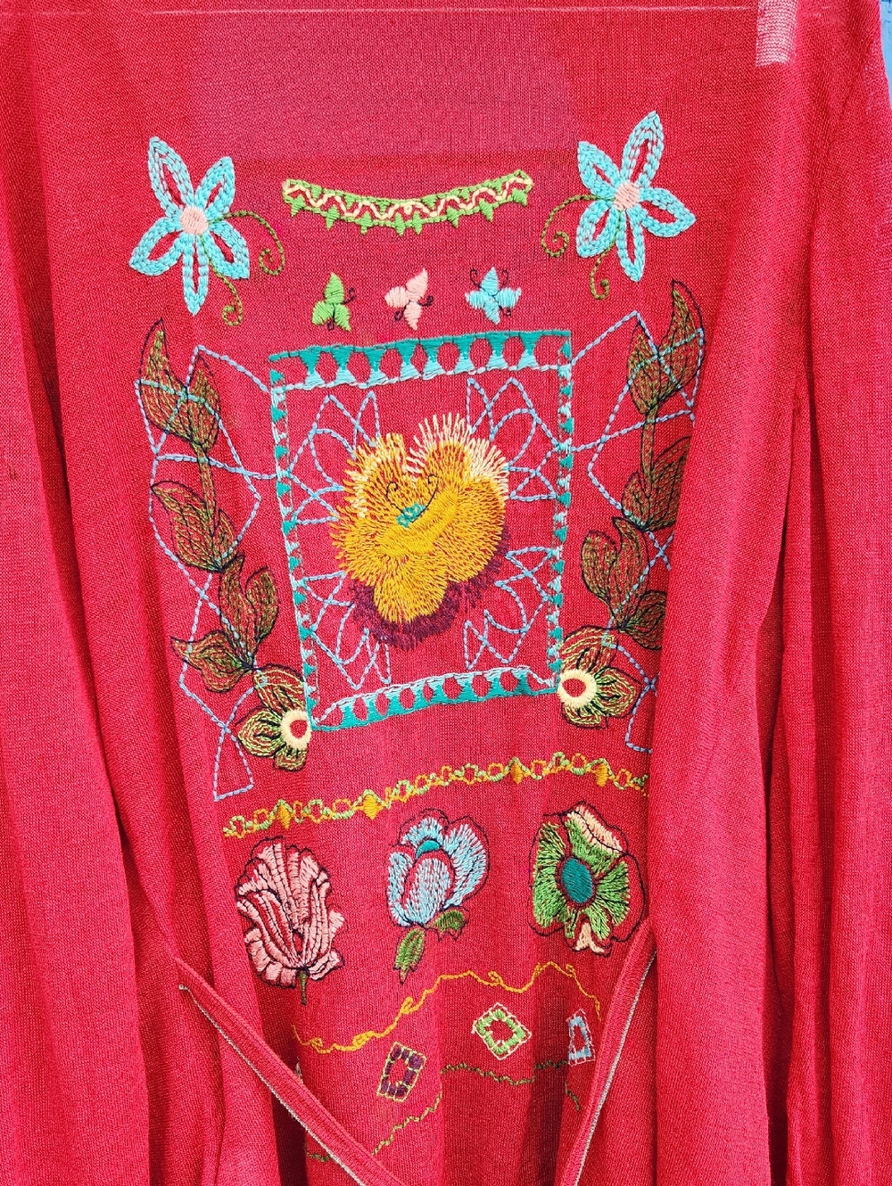 Red Embroidered Open-Front Women's Cardigan Sweater - Picture 5 of 8